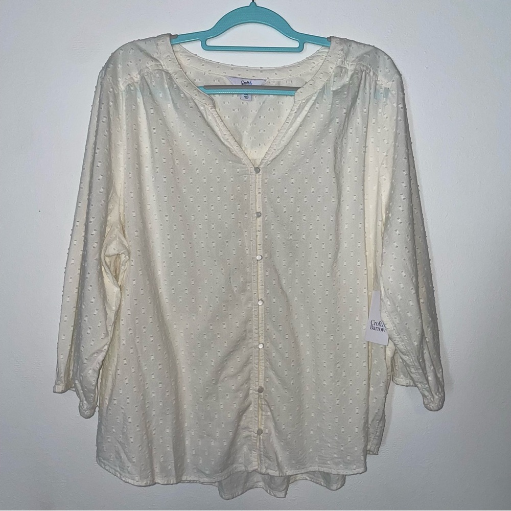 Croft Barrow Women’s XXL Top Ivory Textured Swiss Dots Long Sleeve Lightweight